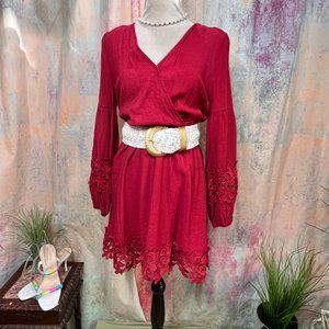 📌Flying Tomato  Dark Fuchsia Dress with Beautiful Lace Details & Wide Belt